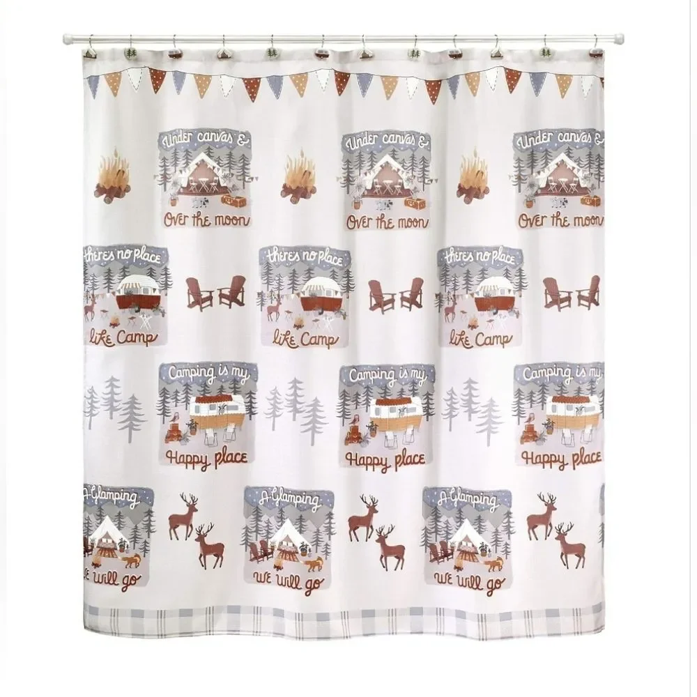 GONE GLAMPING Fabric Shower Curtain & Hook Set by Avanti Home 72x72, NIP